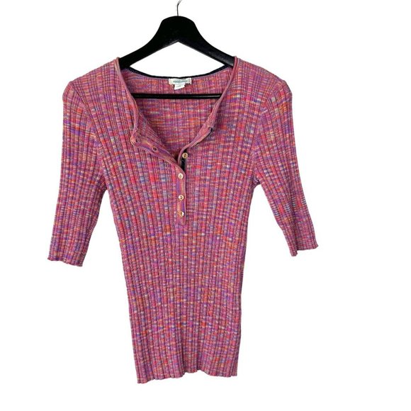 Sundance Tops - Sundance Pink Multicolor Static Print Half Sleeve Ribbed Henley Top Medium